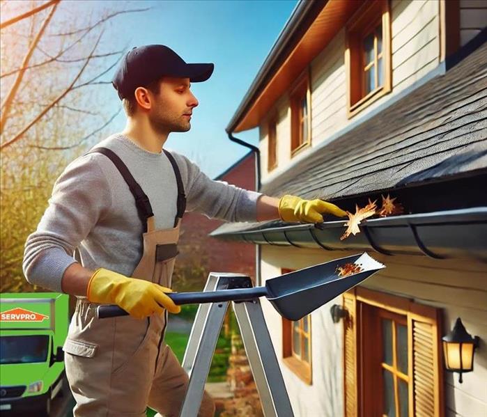 Connecticut man cleans his gutters on a beautiful Spring day.